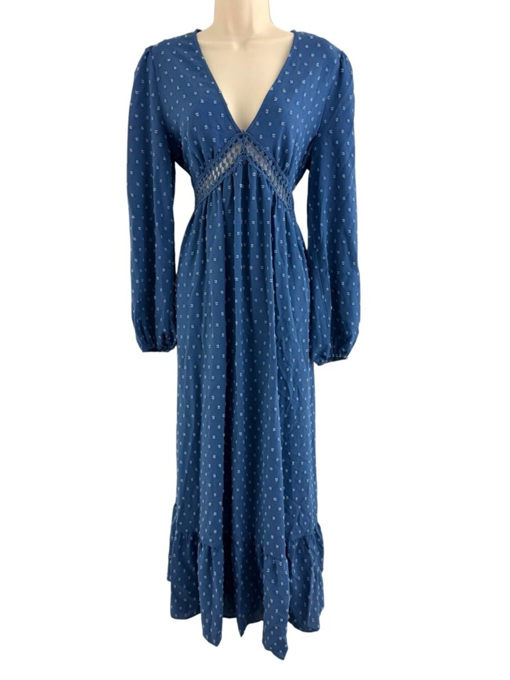 Blue Swiss Dot V-Neck Cutout Maxi Dress Lantern Sleeves Size L New Bohemian Boho